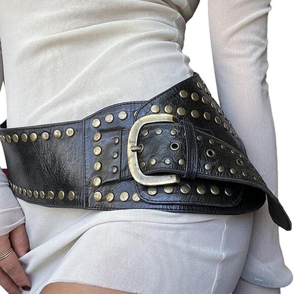 Val Boutique Accessories - Black Wide Studded Leather Belt Waist Cinch Belt with Antique Gold Buckle